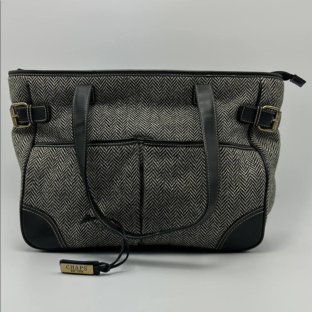 Chaps Canvas Tote Bag Herringbone Tweed Gray Black Faux Leather Trim multi use